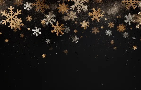 Картинка снежинки, фон, золото, черный, Новый Год, Рождество, golden, black