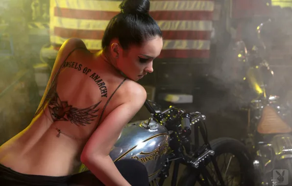 Девушка, спина, тату, мотоцикл, Jenya D, Katie Fey, Евгения Диордийчук, Angels of anarchy