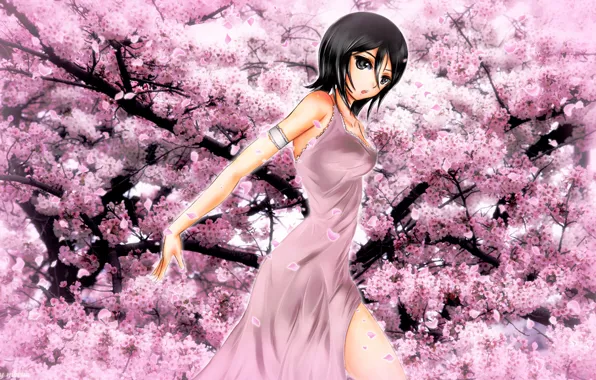 Картинка сакура, Аниме, Bleach, цветение, Rukia Kuchiki, розовый цвет