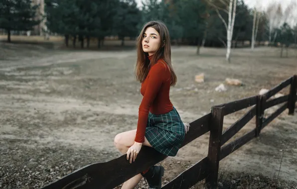 Trees, nature, wood, model, fence, women, brunette, sitting