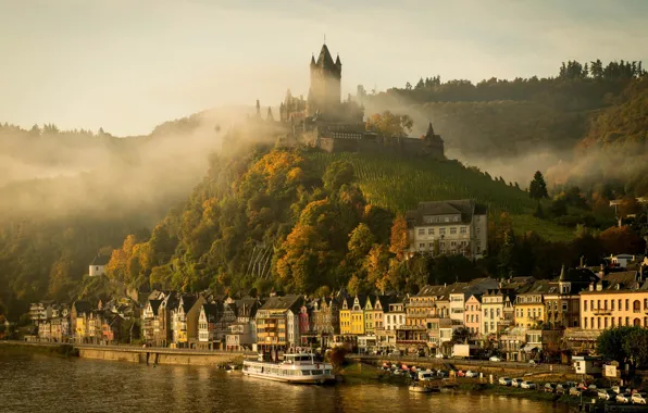 Картинка осень, город, туман, река, замок, утро, Германия, Кохем