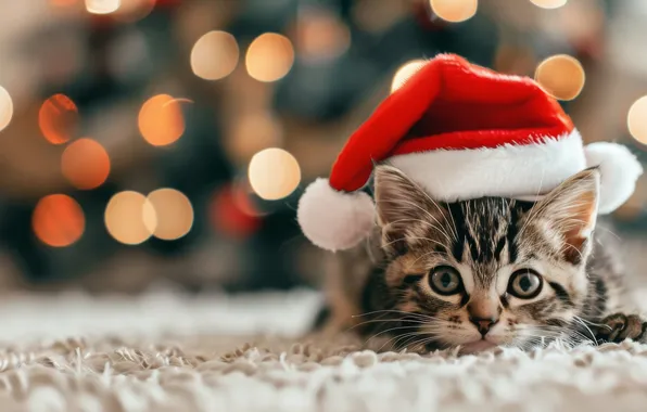 Кошка, взгляд, огни, поза, котенок, серый, Рождество, Новый год
