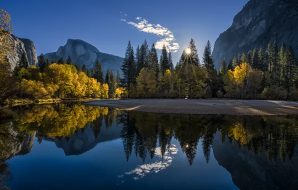 Картинка осень, лес, горы, озеро, восход, утро, Калифорния, Йосемити