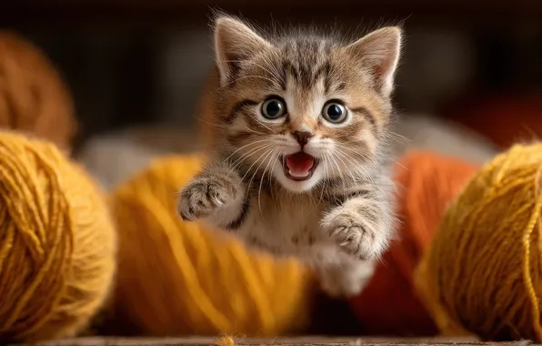 Язык, кошка, взгляд, полет, поза, котенок, серый, прыжок