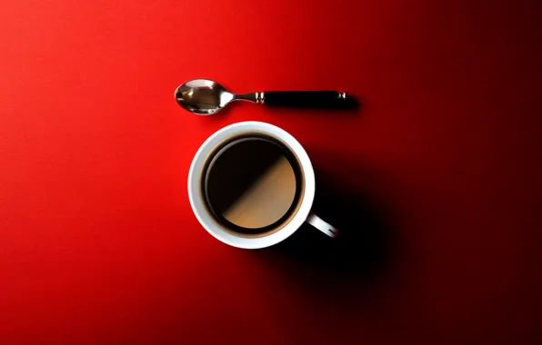 Картинка кофе, ложка, чашка, красный фон
