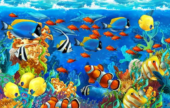 Картинка море, рыбы, водоросли, кораллы, дельфины