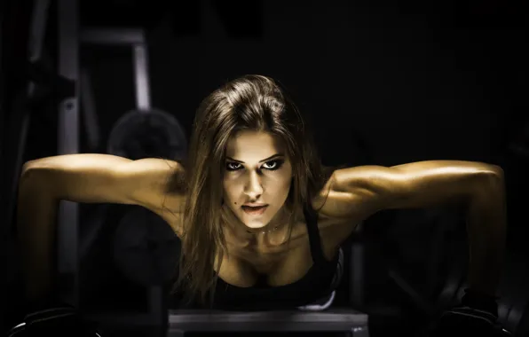 Взгляд, фитнес, hair, pose, спортзал, отжимается, тренировка, отжимания