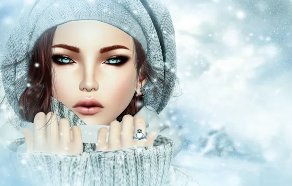 Картинка холод, зима, взгляд, девушка, лицо, рендеринг, шапка