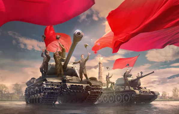 Картинка рисунок, площадь, арт, ликование, красные, танки, знамёна, World of Tanks