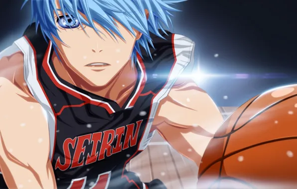 Картинка взгляд, мяч, парень, голубые волосы, art, мускулы, спортивная форма, баскетбол Куроко