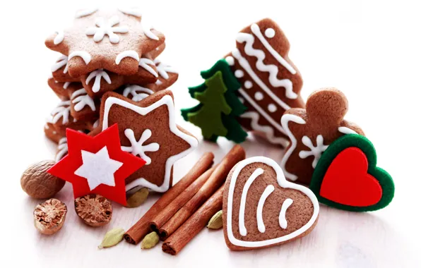 Картинка печенье, Рождество, Новый год, орехи, корица, Christmas, heart, выпечка