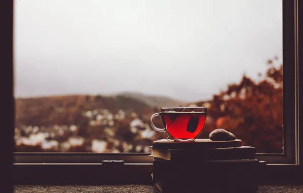 Cup, window, village, tea, cloudy, rainy