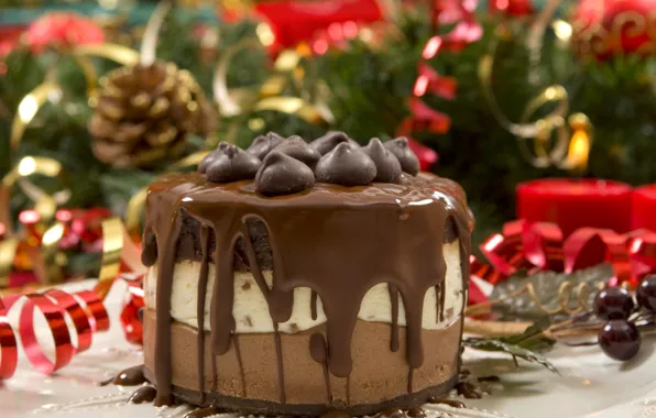 Новый год, шоколад, слои, крем, десерт, новогодний, пироженое