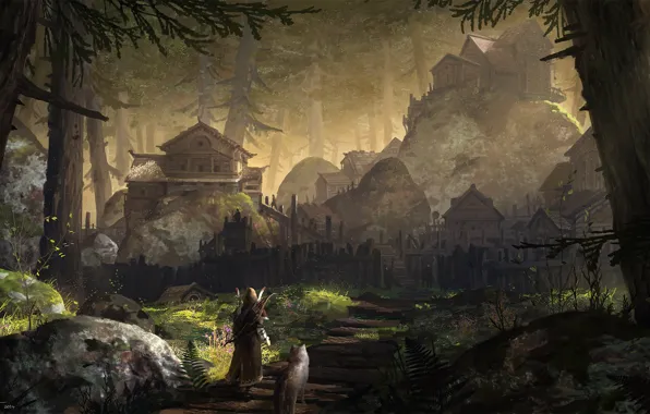 Картинка лес, камни, ступени, поселение, Forest Village