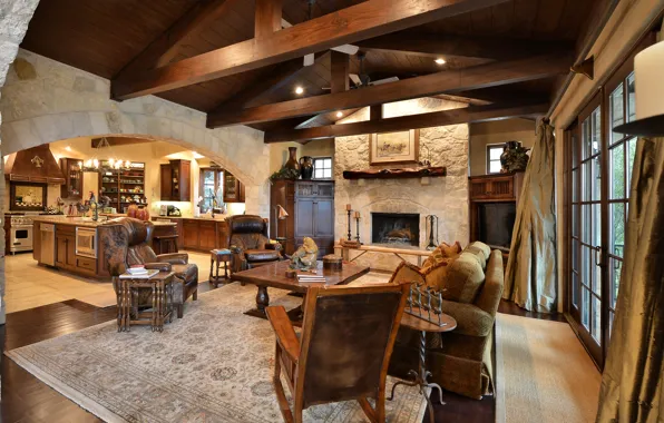 Стиль, интерьер, кухня, камин, Austin, гостиная, ранчо, Steiner Ranch
