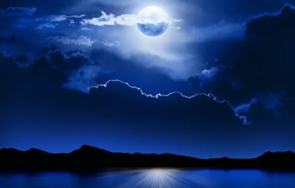 Sea, landscape, night blue, fullmoon