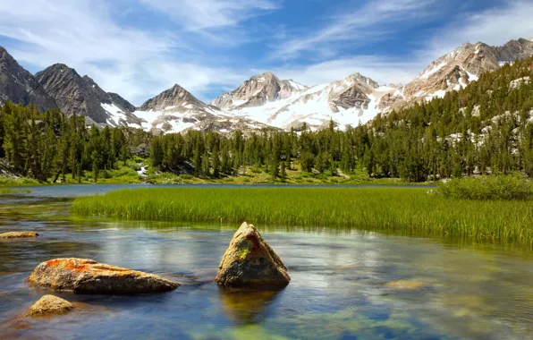 Картинка небо, облака, снег, деревья, горы, озеро, камни