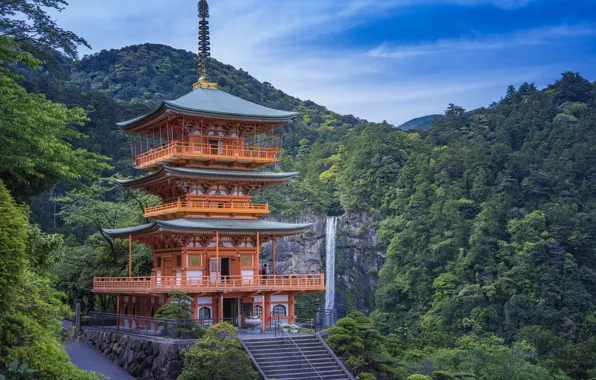 Лес, горы, водопад, пагода, Japan, Nachi Falls, Seigantoji Pagoda