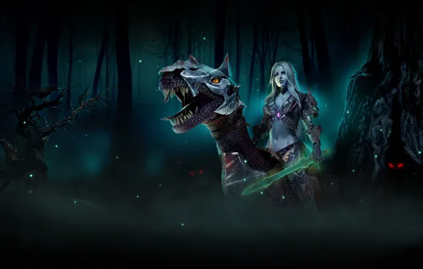 Девушка, Туман, Ночь, Лес, Мрак, Доспехи, Plarium, Stormfall Age of War