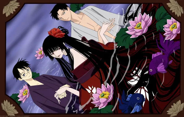 Девушка, рыбы, цветы, аниме, парни, водяные лилии, xxxHolic, Триплексоголик
