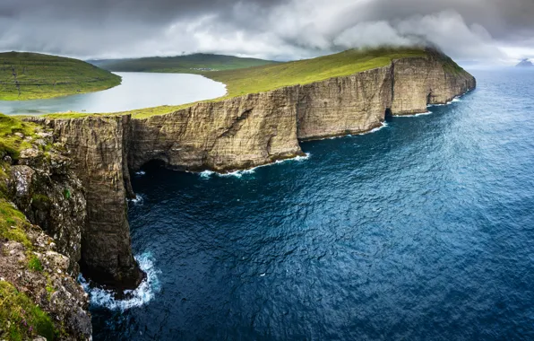 Скала, озеро, океан, Faroe Islands, Фарерские острова, Vagar, Leitisvatn