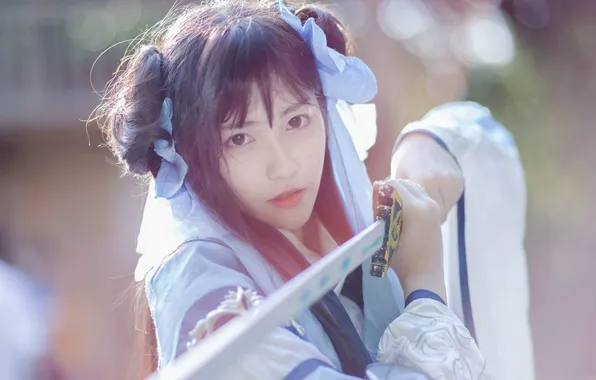 Beautiful, Asian, Model, Woman, Sword, Pretty, Outdoor, Close Up