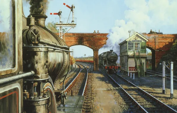 Картинка пейзаж, мост, дым, поезд, паровоз, картина, холст, полустанок