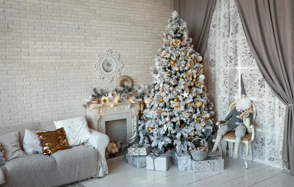 Картинка диван, стена, игрушки, елка, интерьер, Рождество, подарки, Новый год