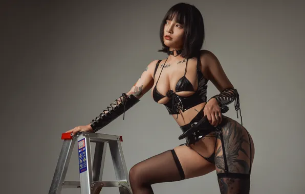 Asian, studio, boobs, black stockings, stockings, model, tattoo, women