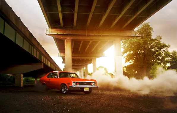 Картинка солнце, мост, Chevrolet, red, шевроле, блик, красная, front