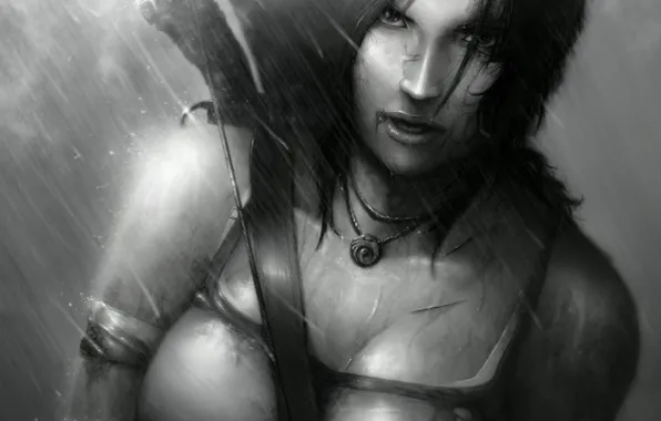 Картинка взгляд, девушка, лицо, оружие, дождь, волосы, игра, черно-белая