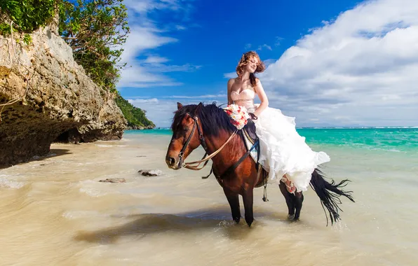 Картинка песок, море, пляж, девушка, ветер, лошадь, невеста
