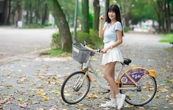 Bicycle, Asian, model, women, brunette, smiling, skirt, women outdoors