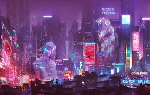 Skyscrapers, cyberpunk, hologram, city, lights, night, future