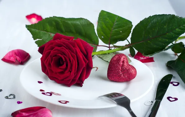Картинка цветок, сердце, роза, лепестки, тарелка, сердечки, День Святого Валентина