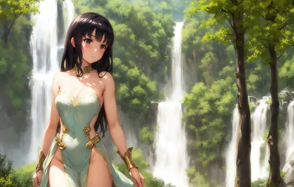 Girl, dress, nature, anime, waterfall, painting, digital art, fantasy art