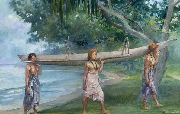Рисунок, акварель, Девушки несущие каноэ, Джон Ла Фарж, Вайала в Самоа
