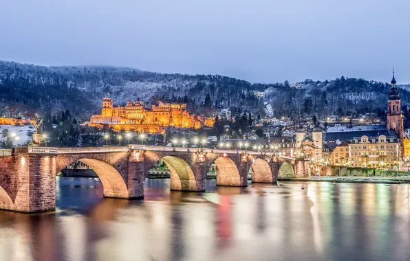 Зима, горы, мост, река, замок, здания, Германия, ночной город