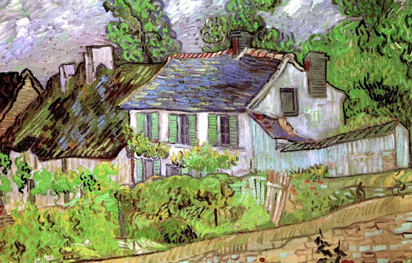 Картинка деревья, дом, дорожка, кусты, Houses in Auvers 2