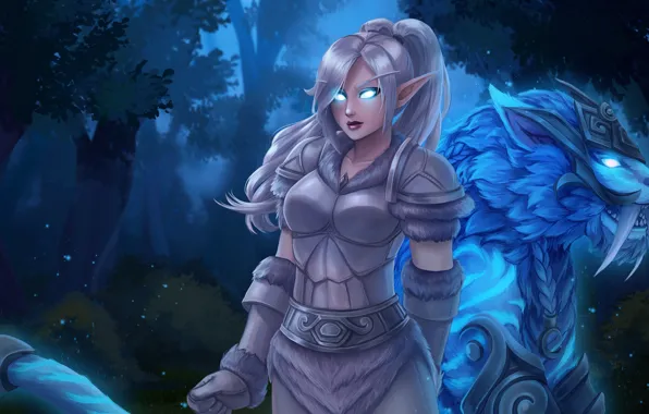 Лес, девушка, ночь, тигр, World of Warcraft, Warcraft, wow, night elf