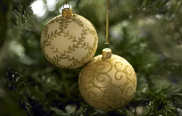 Картинка золото, шары, игрушки, елка, новый год
