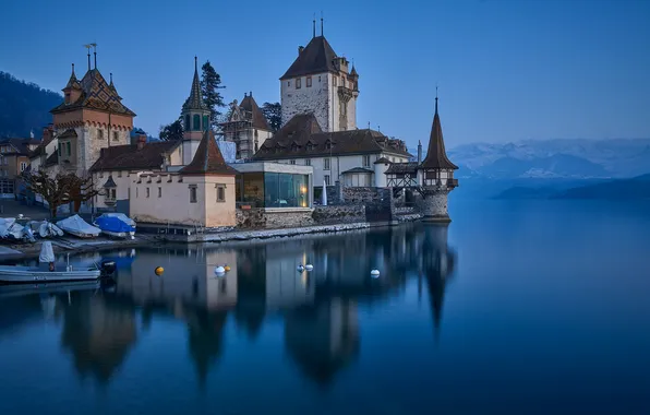Горы, озеро, замок, Швейцария, Альпы, Switzerland, Alps, Lake Thun