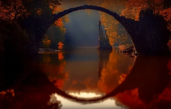 Картинка осень, деревья, пейзаж, мост, природа, отражение, река, арка