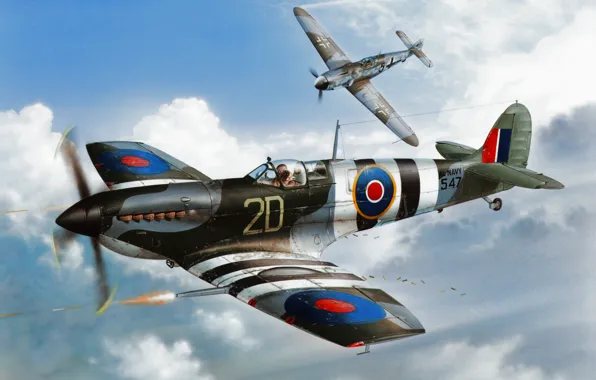 War, art, airplane, painting, aviation, Supermarine Seafire MK.III