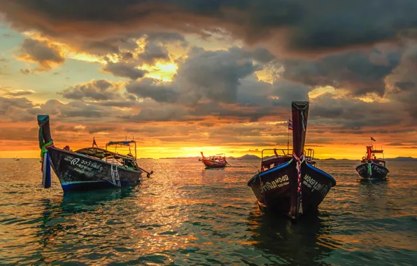 Картинка море, закат, лодки, Таиланд