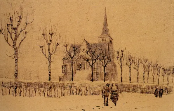 Картинка деревья, дом, люди, Landscape, Винсент ван Гог, with a Church 2