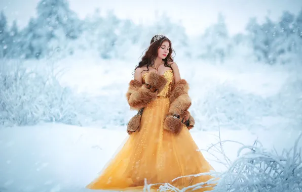 Картинка девушка, снег, украшения, платье, мех, Winter