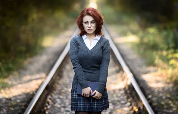 Картинка school uniform, black stockings, stockings, model, women, redhead, railway, glasses