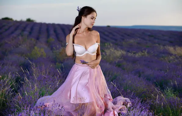 Cleavage, field, nature, model, brunette, sexy woman, countryside, gorgeous
