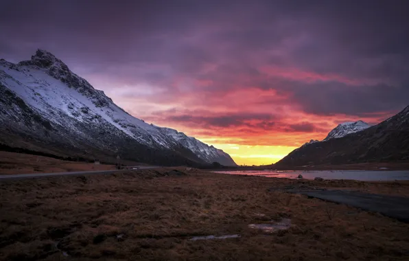 Дорога, горы, рассвет, утро, долина, Норвегия